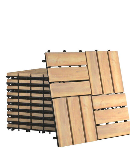 Giantex 27 PCS Interlocking Patio Deck Tiles, 12 x 12in Acacia Hardwood Floor Tiles, Tools Free Assembly