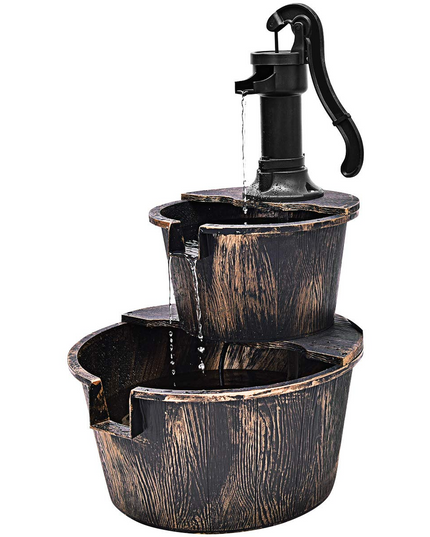 Giantex 2-Tier Rustic Barrel Waterfall Fountain with Pump