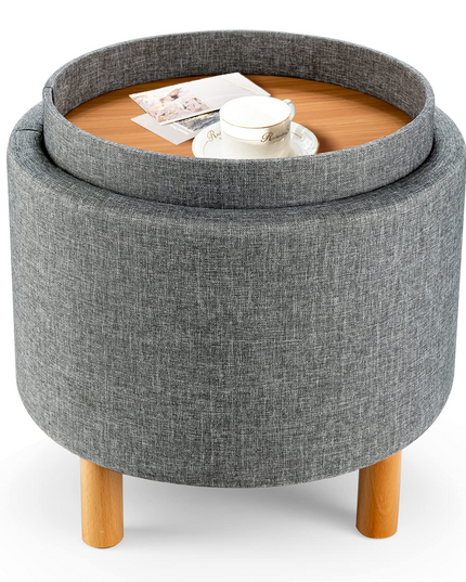 Giantex Round Storage Ottoman with Tray, Accent Storage Footstool w/ Soft Padding