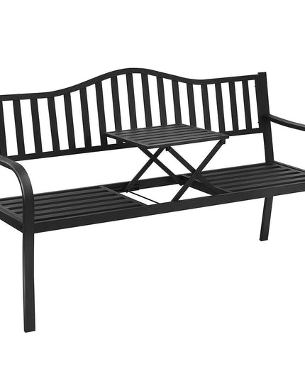 Giantex Patio Bench w/ Pullout Middle Table, Outdoor Benches2-3 Person, Metal Benches for Outside (Black)