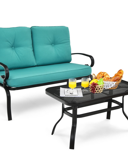Giantex 2 Pcs Patio Loveseat with Coffee Table Outdoor Bench with Cushion and Metal Frame