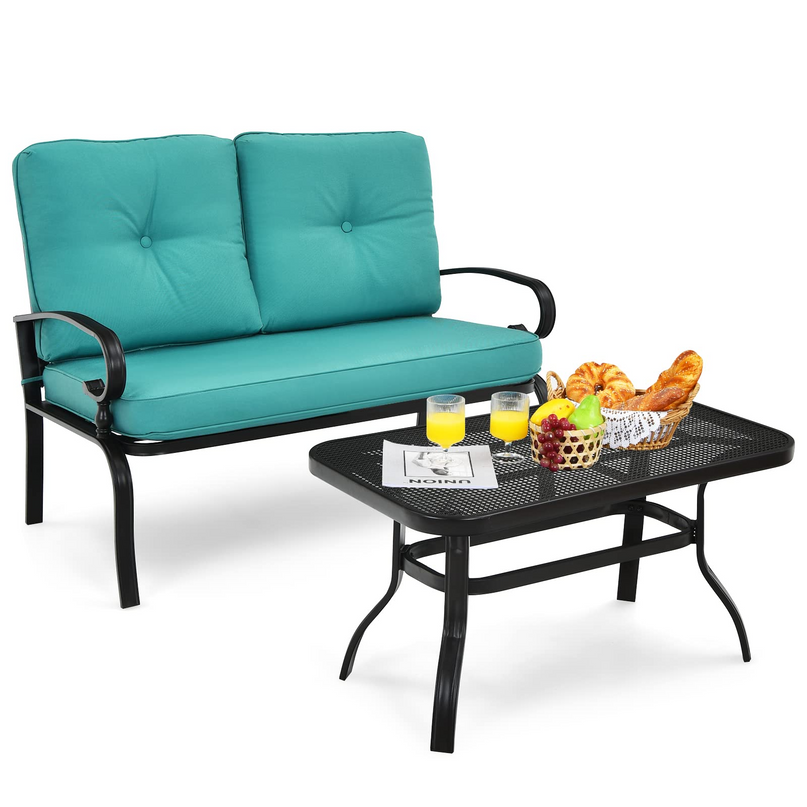 Giantex 2 Pcs Patio Loveseat with Coffee Table Outdoor Bench with Cushion and Metal Frame