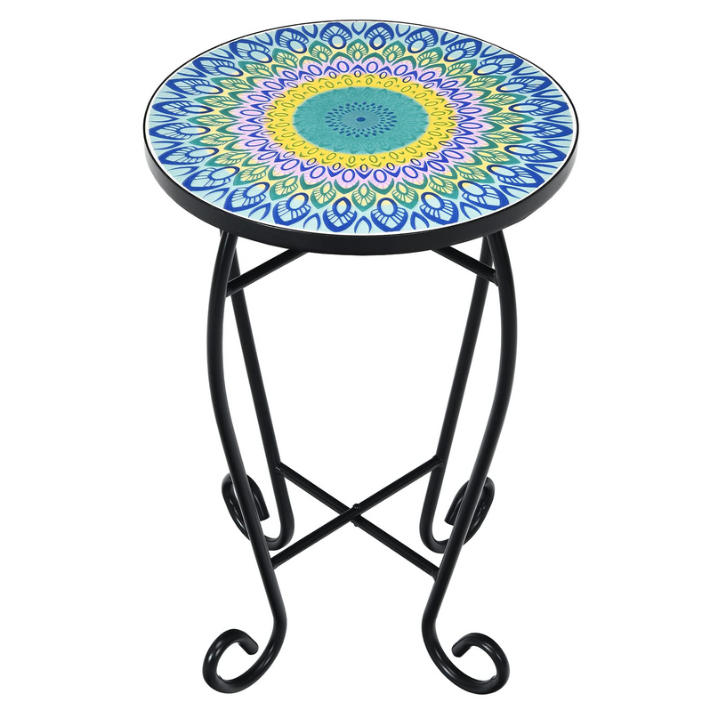 Giantex Folding Mosaic Patio Table, 14'' Outdoor Side Table Round Accent Table Plant Stand with Ceramic Tile Top