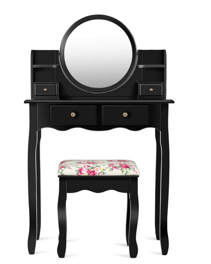 CHARMAID | Vanity Set with 4 Storage shelves and 4 Drawers, Makeup Table with 360?? Pivoted Round Mirror and Makeup Organizers - Giantexus