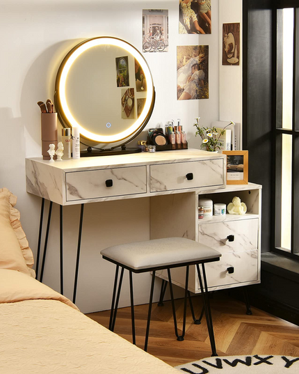 CHARMAID Vanity Set with 3 Colors Lighted Mirror, Left or Right Side Cabinet