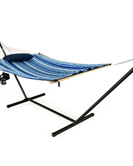12Ft Hammock with Stand, 2 Person Heavy-Duty Steel Hammock Stand, 450 lbs Capacity (Blue and Beige Striped) - Giantexus