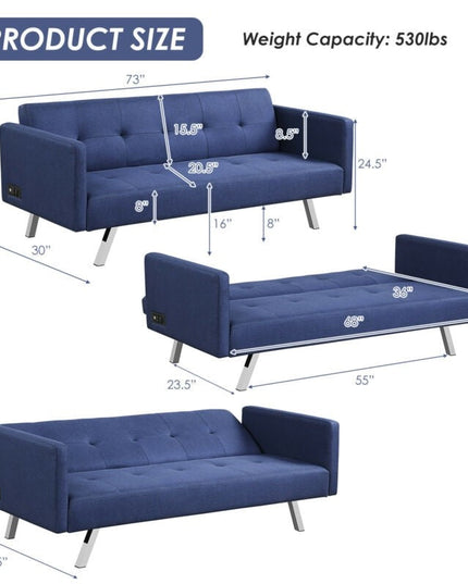 Convertible Futon Sofa, Modern 3 Seat Sofa Bed with USB and Power Strip