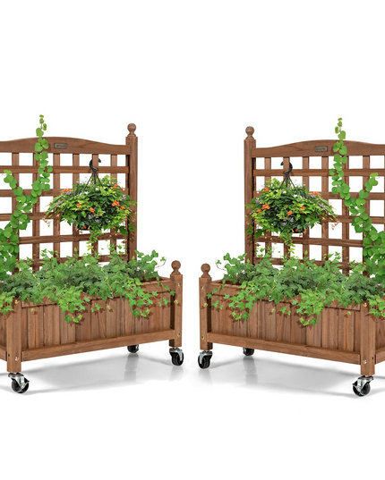 Wood Planter with Lattice Trellis and Wheels, 25'' x 11'' x 32.5'' (L x W x H)
