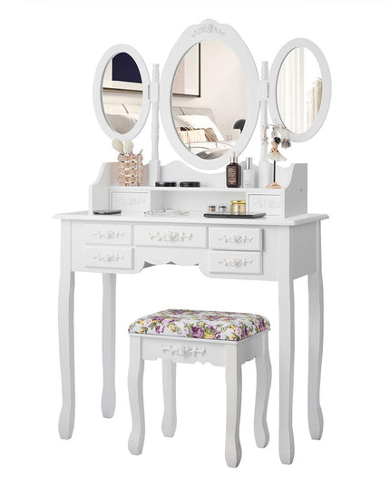 Vanity Set with Tri-Folding Mirror and Cushioned Stool - Giantex
