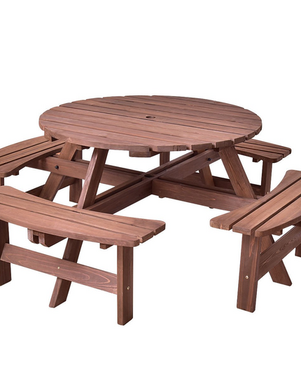 Giantex Wooden Picnic Table Set with Wood Bench, 4 Adults or 8 Kids Outdoor Round Table with Umbrella Hold Design
