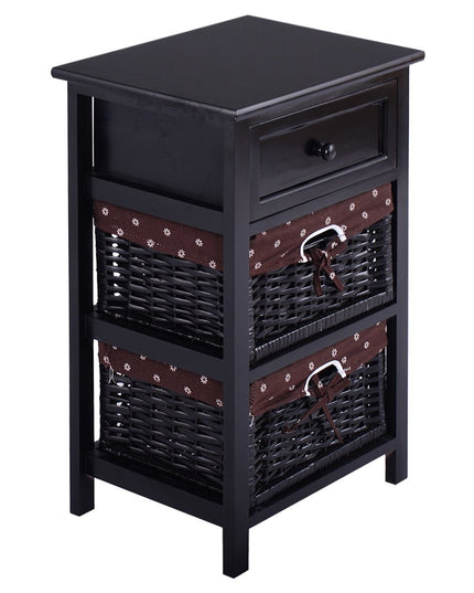 Giantex Wooden Nightstand 3 Tiers W/ 2 Baskets and 1 Drawer Bedside Sofa Storage Organizer