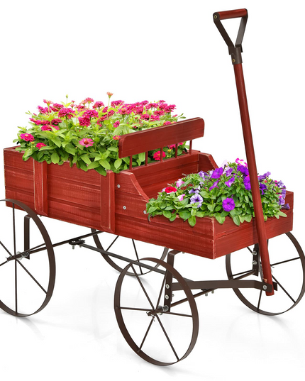 Giantex Decorative Garden Planter, Small Wagon Cart with Metal Wheels, Wood Raised Beds Plant Pot Stand for Backyard Garden Patio 24.5"x13.5"x24"