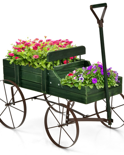 Giantex Decorative Garden Planter, Small Wagon Cart with Metal Wheels, Wood Raised Beds Plant Pot Stand for Backyard Garden Patio 24.5"x13.5"x24"