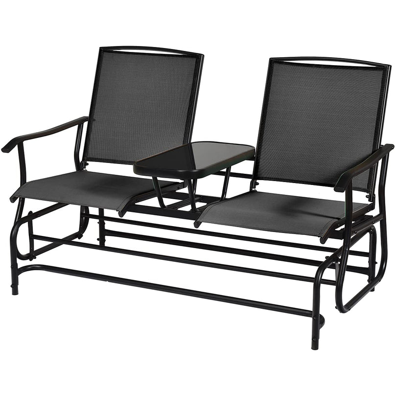 Giantex 2 Person Outdoor Double Glider Chair, Mesh Fabric Rocking Chair w/Center Tempered Glass Table