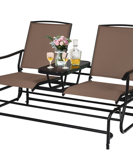 Giantex 2 Person Outdoor Double Glider Chair, Mesh Fabric Rocking Chair w/Center Tempered Glass Table