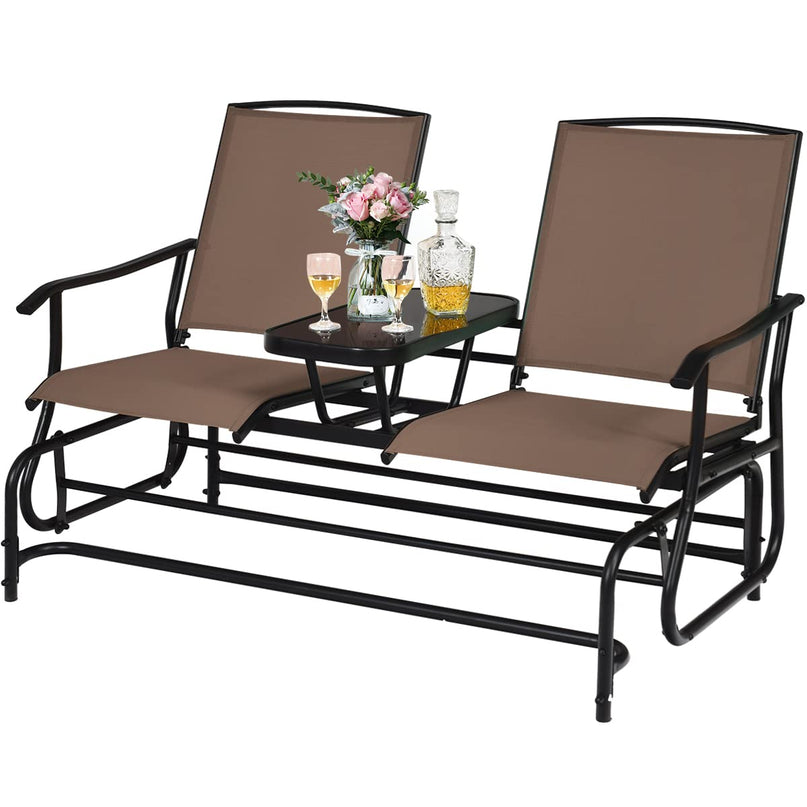 Giantex 2 Person Outdoor Double Glider Chair, Mesh Fabric Rocking Chair w/Center Tempered Glass Table