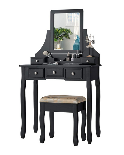 CHARMAID Makeup Vanity Set with Mirror and Cushioned Stool, 5 Drawers and Removable Storage Organizers - Giantexus