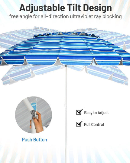 8 Ft Beach Umbrella, Patio Sunshade Umbrella with Sand Anchor & Tilt Mechanism, 16 Fiberglass Ribs - Giantexus