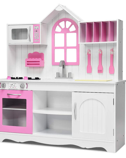 Giantex Wood Play Kitchen, Pink Kids Kitchen Playset for Toddlers