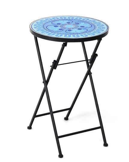 Giantex Folding Mosaic Patio Table, 14'' Outdoor Side Table Round Accent Table Plant Stand with Ceramic Tile Top