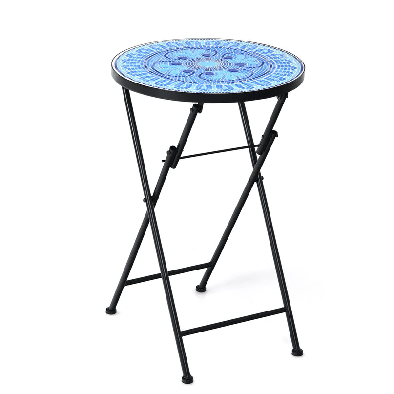 Giantex Folding Mosaic Patio Table, 14'' Outdoor Side Table Round Accent Table Plant Stand with Ceramic Tile Top