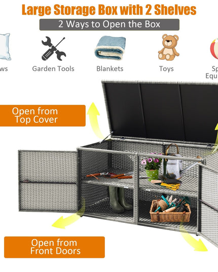 Rattan Deck Box Outdoor&Indoor 88 Gallon Wicker Storage Bench W/Separate Storage Shelf