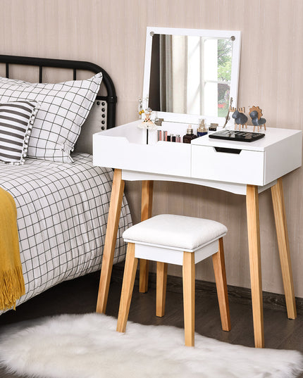 CHARMAID Vanity Table with Flip Top Mirror and Cushioned Stool, White - Giantexus