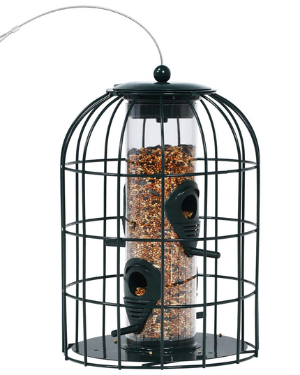 Giantex Metal Hanging Bird Feeder, Outdoor Squirrel-Proof Bird Feeder Cage with 4 Feeding Ports, Transparent PC Tube
