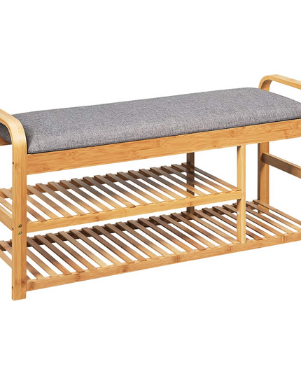 Giantex Shoe Rack Bench, Entryway 3-Tier Bamboo Shoe Organizer with Cushion (Natural and Grey)
