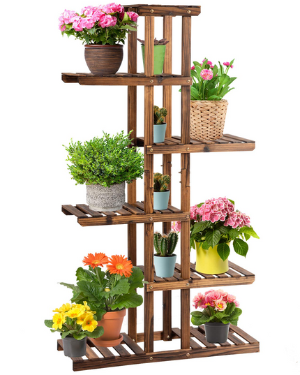 Giantex Flower Rack Wood Plant Stand 7 Wood Shelves 11 Pots