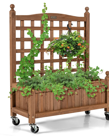 Wood Planter with Lattice Trellis and Wheels, 25'' x 11'' x 32.5'' (L x W x H)