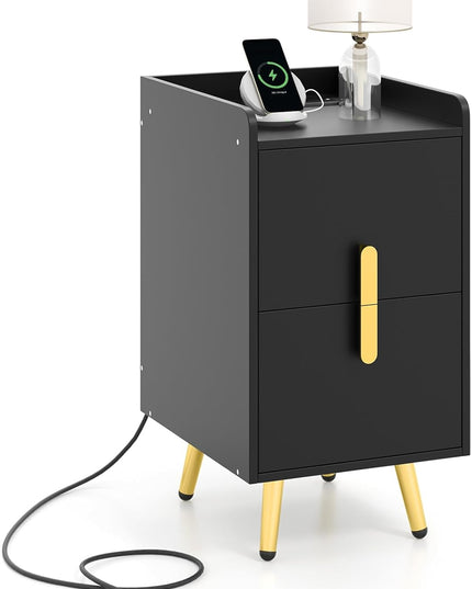 Giantex Nightstand with Charging Station, Narrow End Table with 2 Drawers & Metal Gold Legs