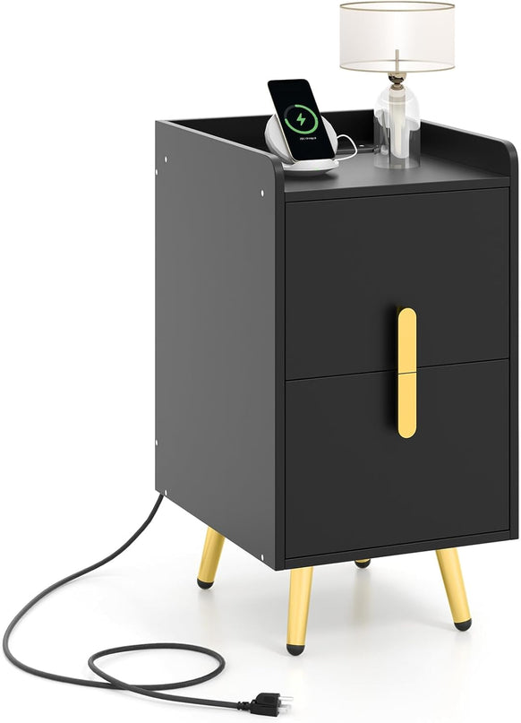 Giantex Nightstand with Charging Station, Narrow End Table with 2 Drawers & Metal Gold Legs