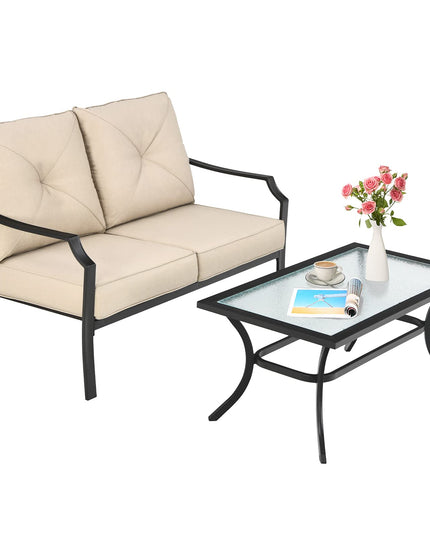 Giantex 2 Pcs Patio Loveseat Set, 2 Seat Bench Sofa with Coffee Table(Beige)