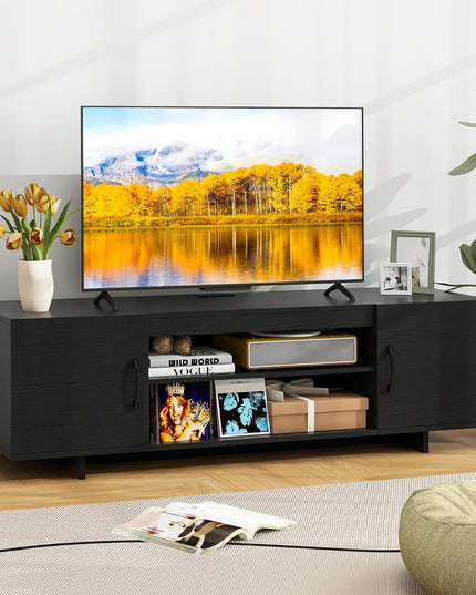 Giantex TV Stand with Power Outlet for TVs up to 70”, Entertainment Center w/ 2 Cable Holes, Open Shelves