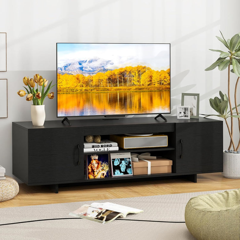 Giantex TV Stand with Power Outlet for TVs up to 70”, Entertainment Center w/ 2 Cable Holes, Open Shelves