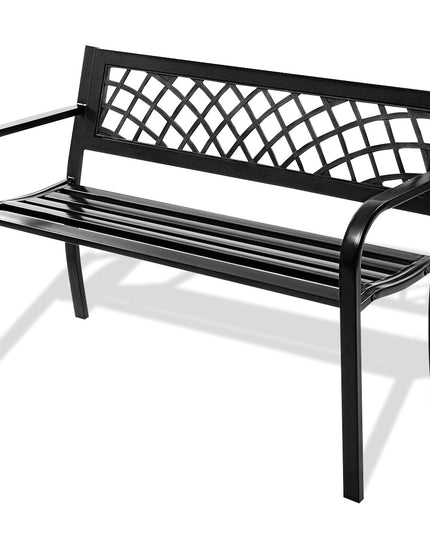 Giantex Patio Garden Bench Loveseats Park Yard Furniture Decor Cast Iron Frame Black (Black Steel W/ PVC Mesh Pattern)