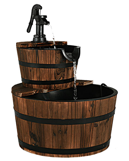 Giantex 2-Tier Barrel Waterfall Fountain with Hand Pump