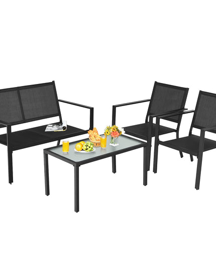 Giantex 4 Pieces Patio Furniture Set, Outdoor Conversation Set, Loveseat Bench with 2 Patio Chairs & Tempered Glass Coffee Table