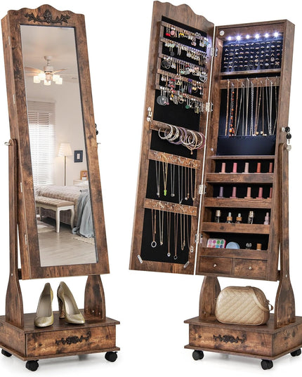 CHARMAID 6 LEDs Rolling Jewelry Cabinet with High Full Length Mirror, Lockable Standing Jewelry Armoire with Wheels