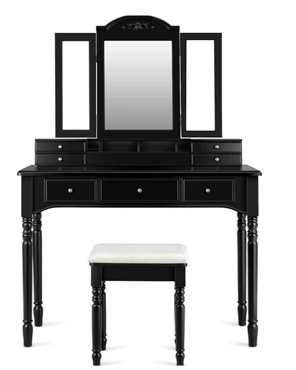 Vanity Set with Tri-Folding Mirror & 8 Necklace Hooks, 7 Drawers, 2 Dividers, 6 Desktop Makeup Organizers - Giantexus
