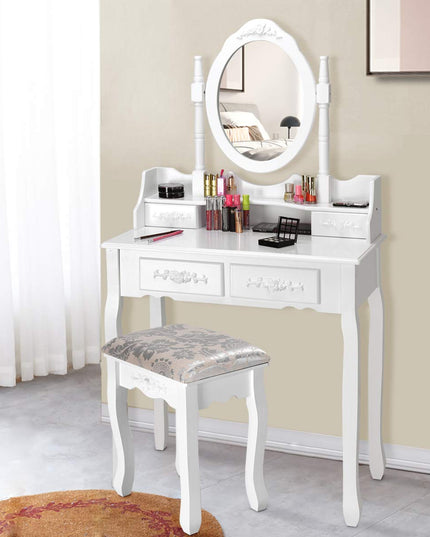 Giantex White Vanity Table Set with Oval Mirror and 4 Drawers
