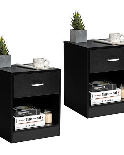 Giantex Nightstand w/Drawer, 2-Tier Wooden Bedside Table, Black