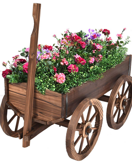 Giantex Wood Wagon Flower Planter Pot Stand W/Wheels Home Garden Outdoor Decor