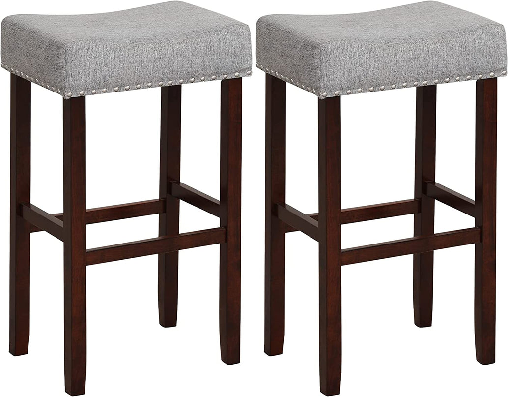 Giantex 29.5" Bar Height Bar Stools Set of 4 - Backless Saddle Barstools with Nailhead Linen Foam Seat