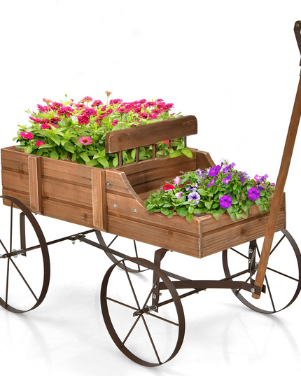 Giantex Decorative Garden Planter, Small Wagon Cart with Metal Wheels, Wood Raised Beds Plant Pot Stand for Backyard Garden Patio 24.5"x13.5"x24"