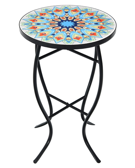 Giantex Folding Mosaic Patio Table, 14'' Outdoor Side Table Round Accent Table Plant Stand with Ceramic Tile Top