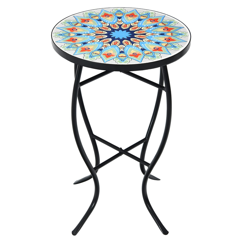 Giantex Folding Mosaic Patio Table, 14'' Outdoor Side Table Round Accent Table Plant Stand with Ceramic Tile Top