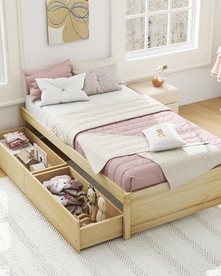 Giantex Twin Bed Frame with 2 Storage Drawers, Solid Wood Platform Bed with Slats Support