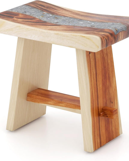 Giantex Teak Shower Bench, Fully Assembled Teak Shower Stool with Epoxy Resin Decoration and Curved Seat